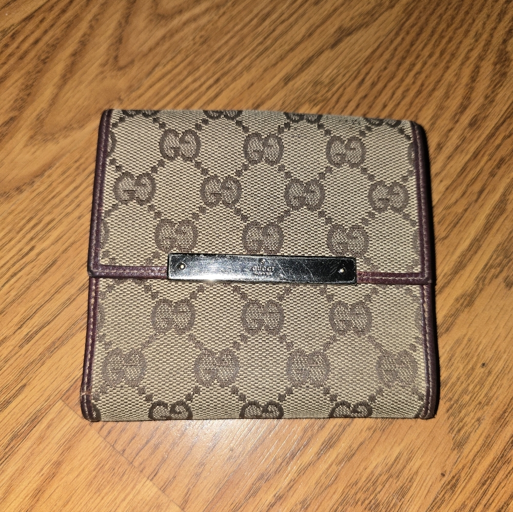 Gucci Beige Brown GG Canvas Bifold Wallet With COA